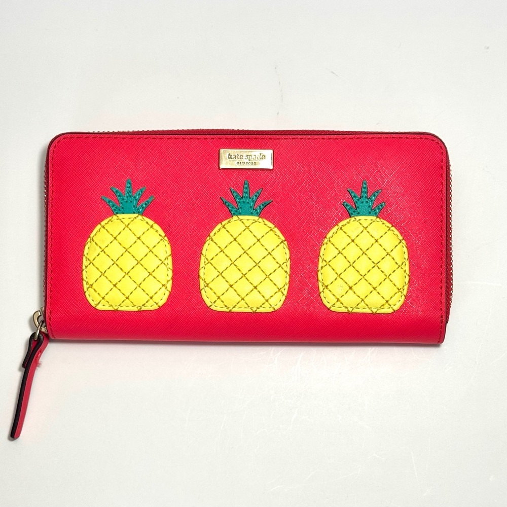 Kate Spade Pineapple Zip Wallet Geranium Pink Saffiano Leather Tropical Novelty